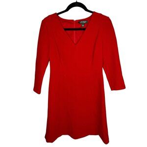 LAUREN RALPH LAUREN Women's Red Waffle Texture V-Neck Fit & Flare Dress Size 4